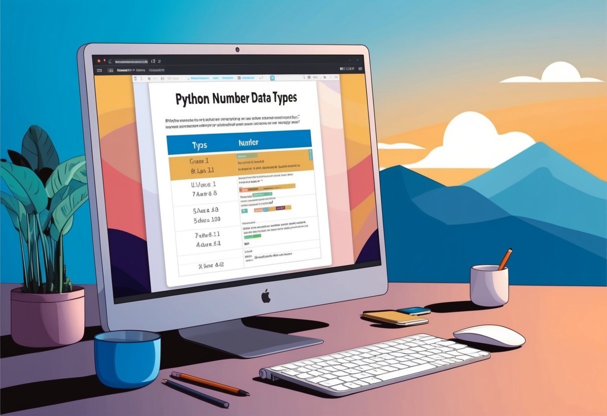 A computer screen displaying Python number data types with a list of frequently asked questions below