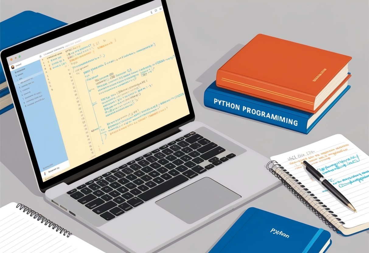 A laptop displaying Python code on OOP, surrounded by books on programming and a notebook with handwritten notes