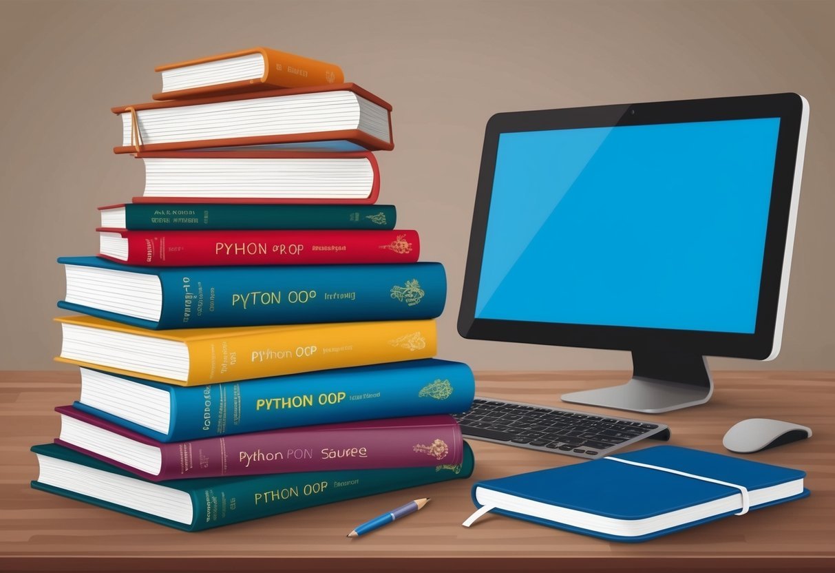 A stack of books on Python OOP with a computer and notebook
