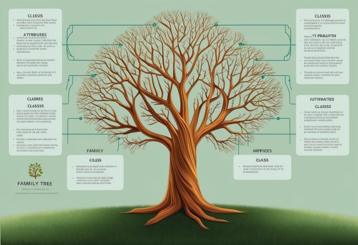 A family tree with branches representing different classes and their inherited attributes and methods