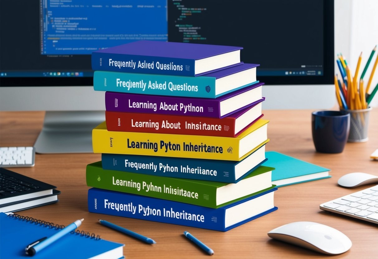 A stack of books labeled "Frequently Asked Questions Learning About Python Inheritance" with a computer and coding materials scattered around