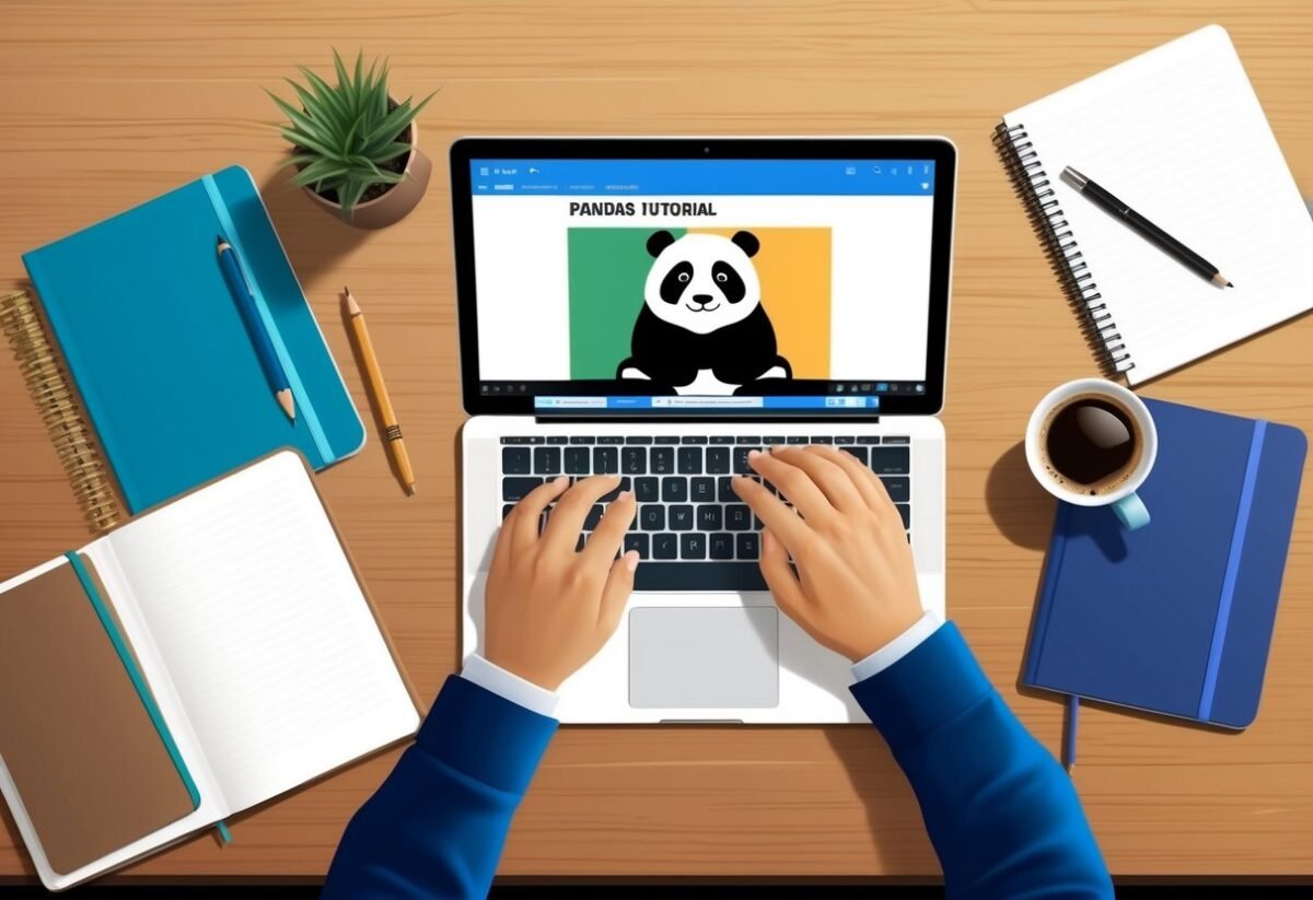 A desk with a laptop open to a Pandas tutorial, surrounded by notebooks and a cup of coffee