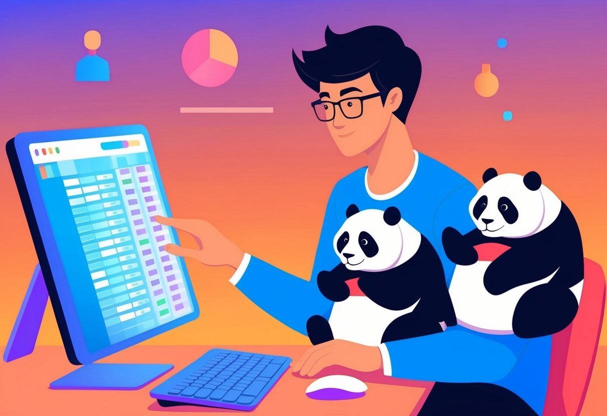 A person working on a computer, analyzing rows of data with Pandas for data visualization