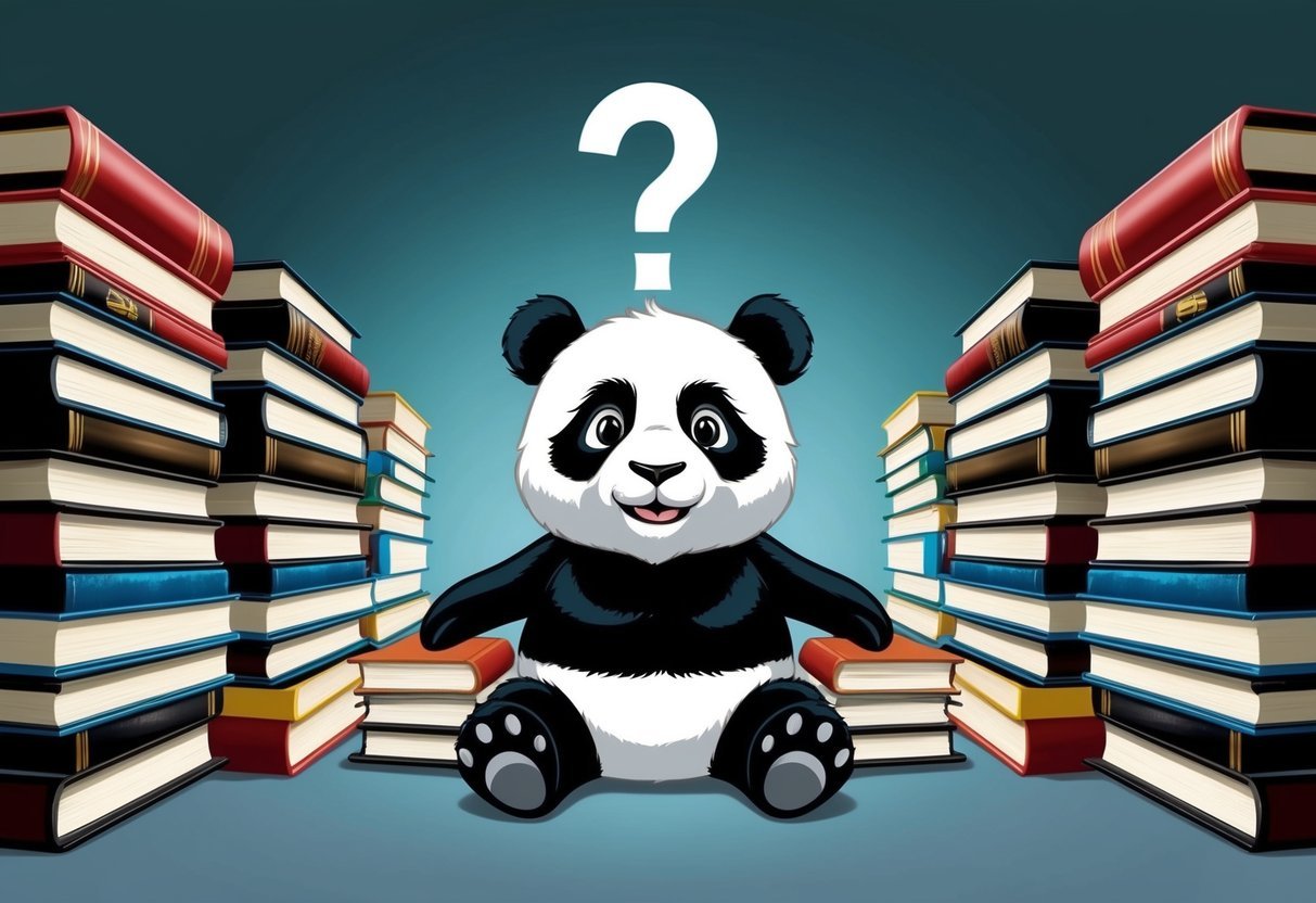 A panda mascot surrounded by rows of books, with a question mark hovering above its head