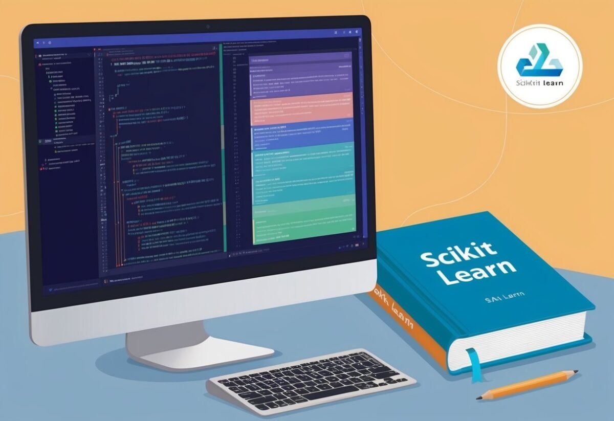 A computer screen displaying code and visualizations of machine learning algorithms with a book on SciKit Learn open next to it
