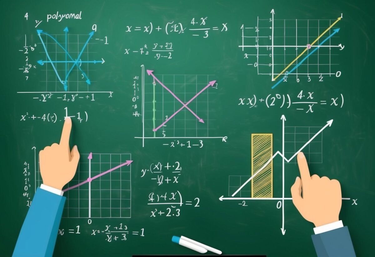 A chalkboard filled with polynomial equations and regression graphs. A teacher pointing to key concepts