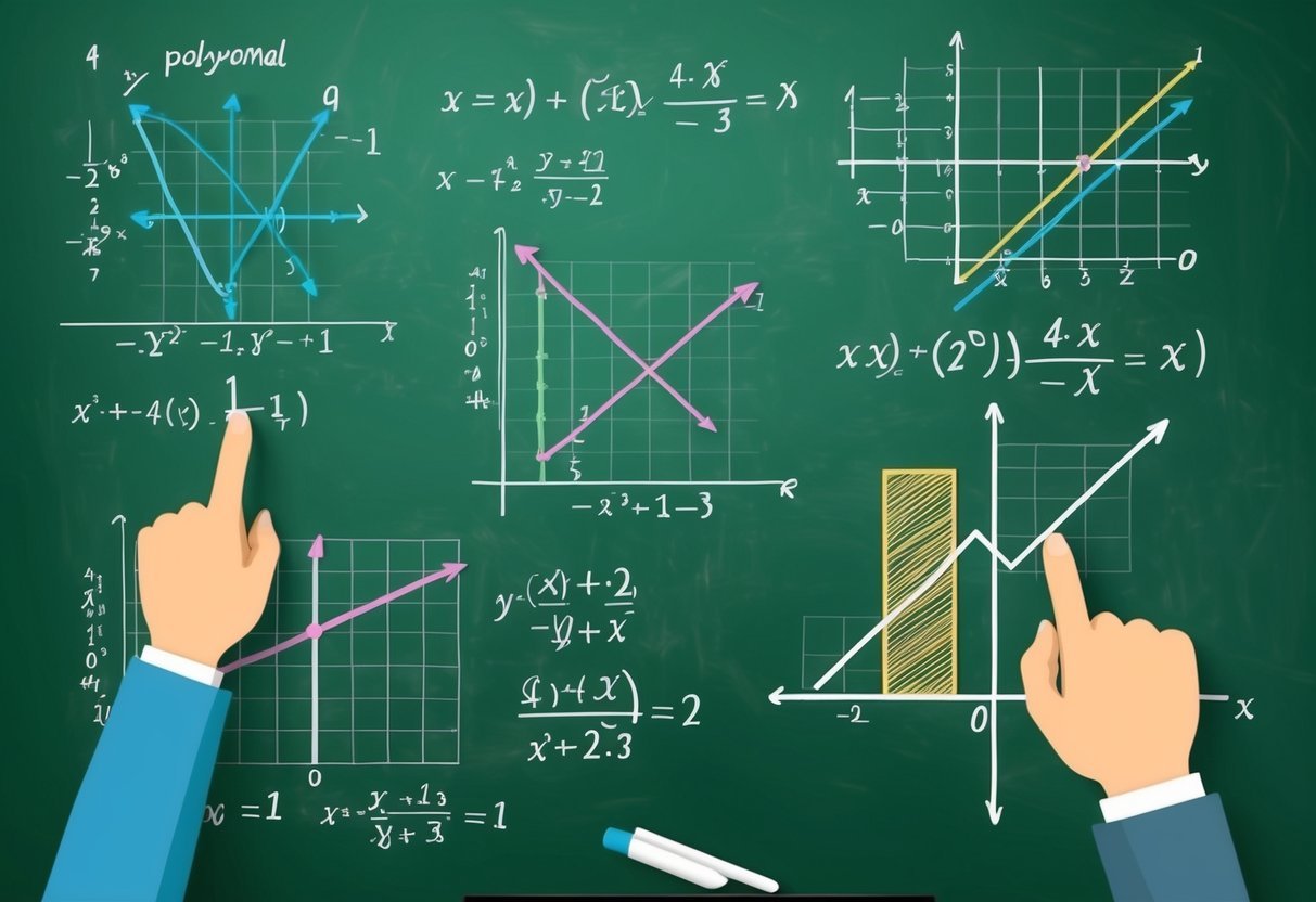 A chalkboard filled with polynomial equations and regression graphs. A teacher pointing to key concepts