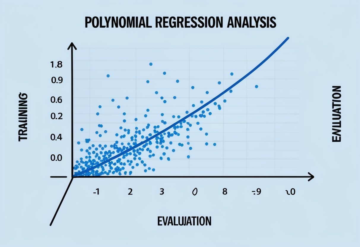 A graph with scattered data points and a curved line representing a polynomial regression model. Axes labeled "Training" and "Evaluation" with a title "Polynomial Regression Analysis."