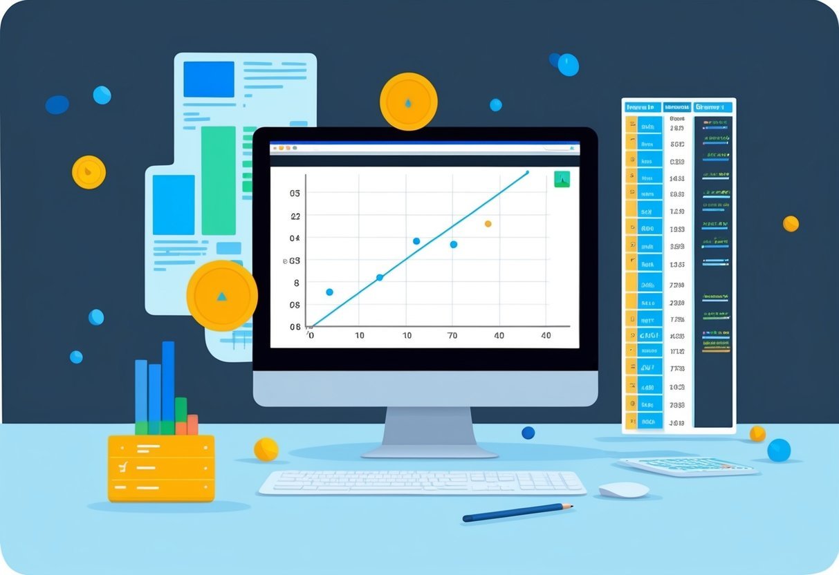 A computer screen displaying a graph with a polynomial regression line, surrounded by scattered data points and a table of evaluation metrics
