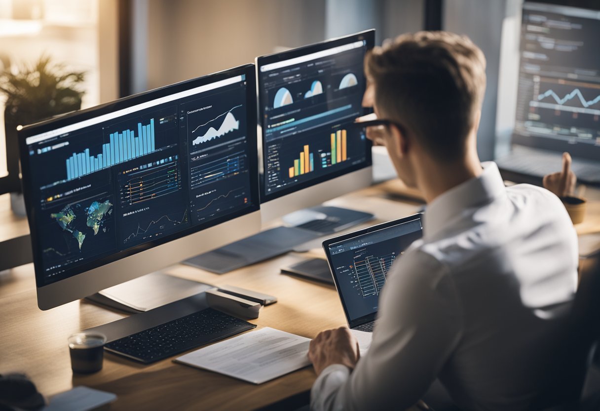 A person at a desk, laptop open, studying a Power BI manual while writing notes and looking at a SQL database diagram