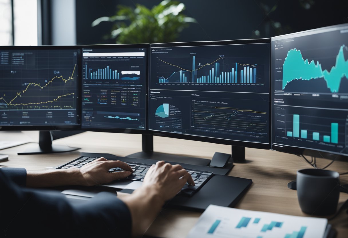 A person analyzing data on a computer, with Power BI and SQL open on the screen, surrounded by charts and graphs