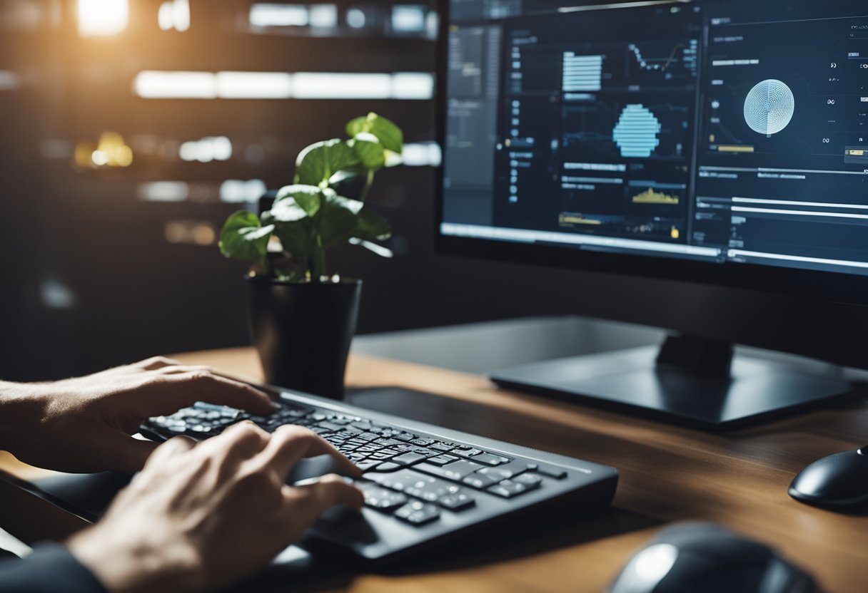 A person working on a computer, studying Power BI models and setting up SQL for secure data access