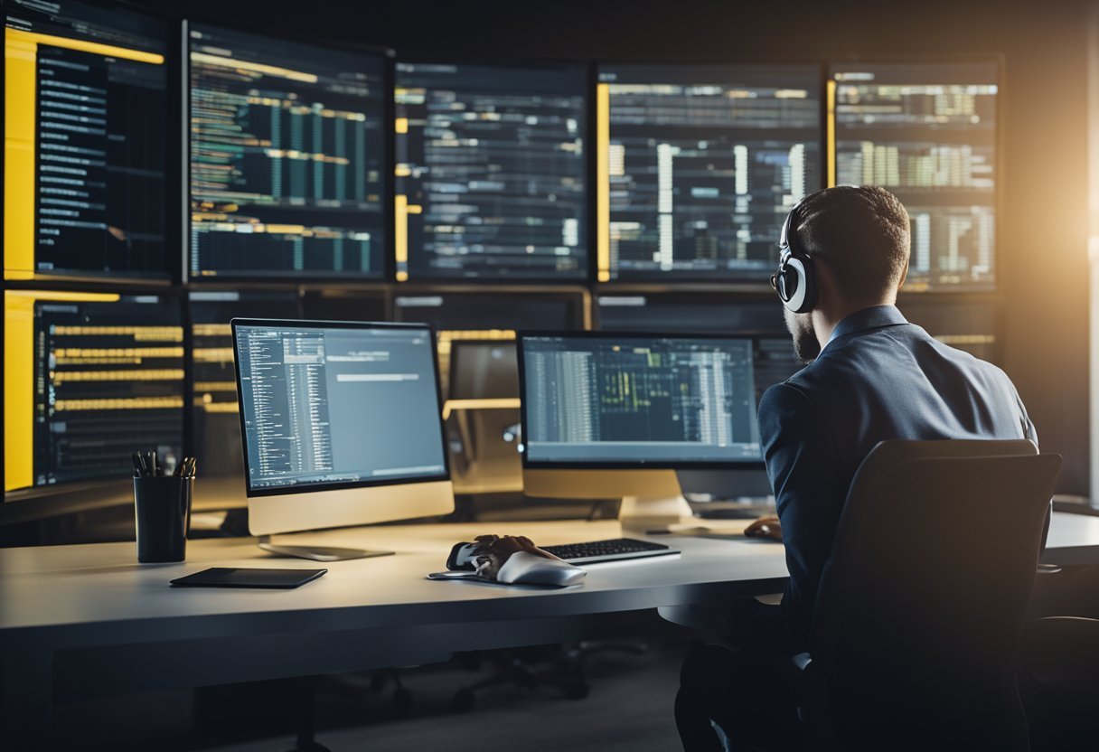 A person working on a computer, with SQL code on the screen and Power BI models in the background