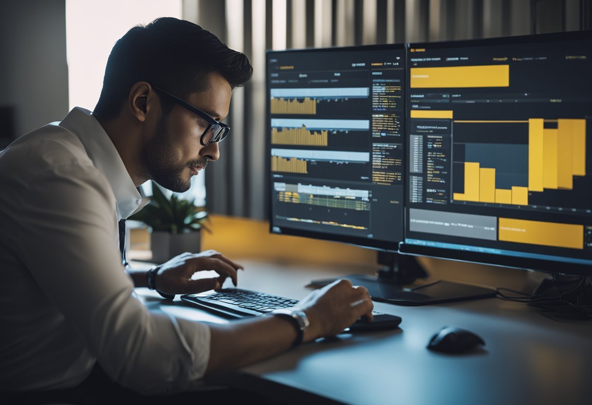 A person researching Power BI models, with SQL setup in background
