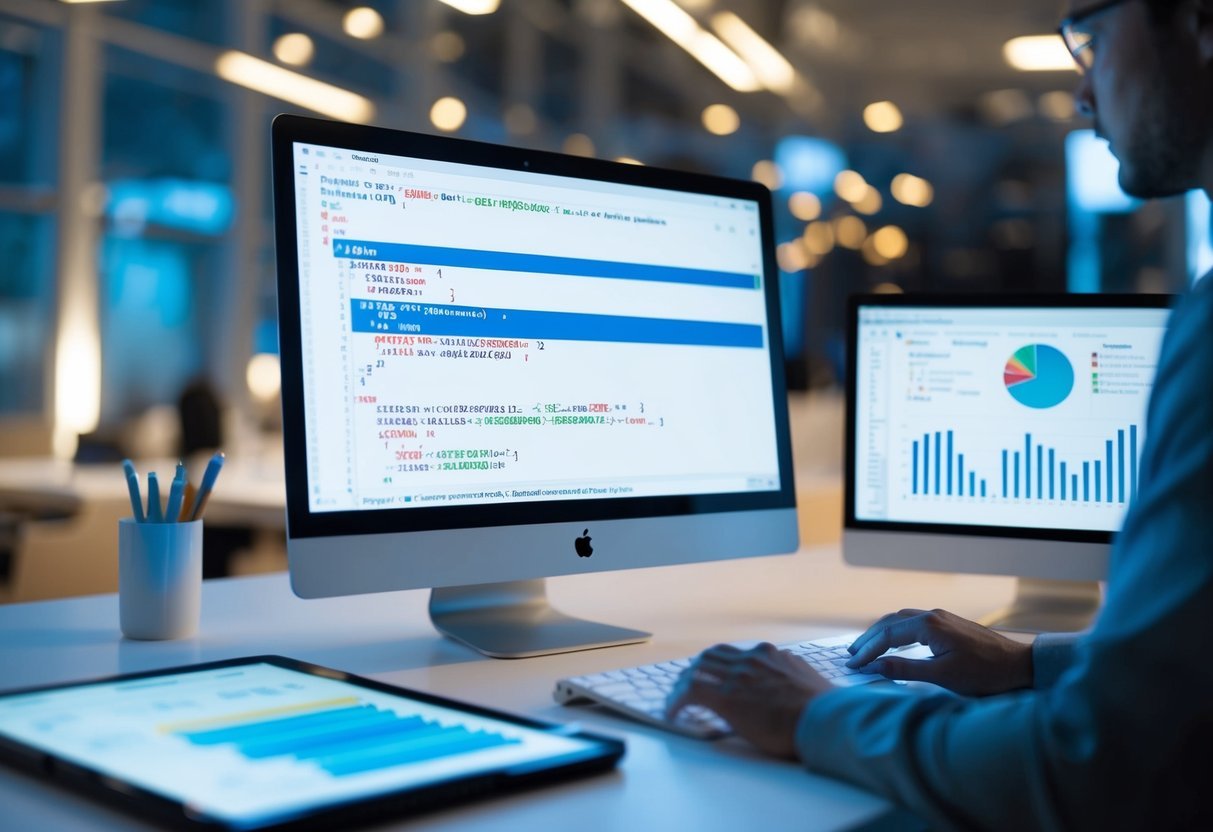A computer screen displaying SQL code with the AVG function highlighted, surrounded by data tables and charts