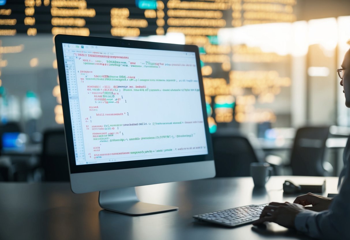 A computer screen displaying SQL code with various aggregate functions and data analysis results