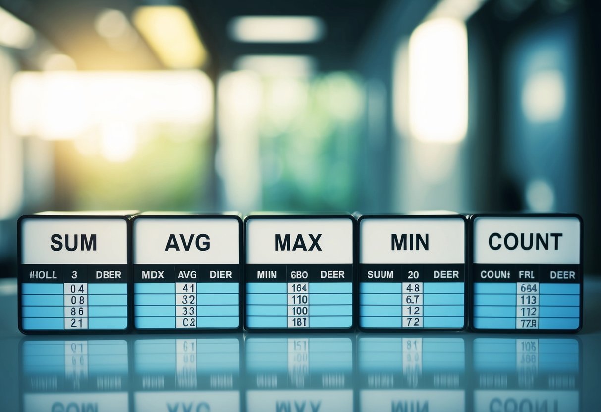 A table with rows of data and columns labeled with aggregate functions like SUM, AVG, MAX, MIN, COUNT
