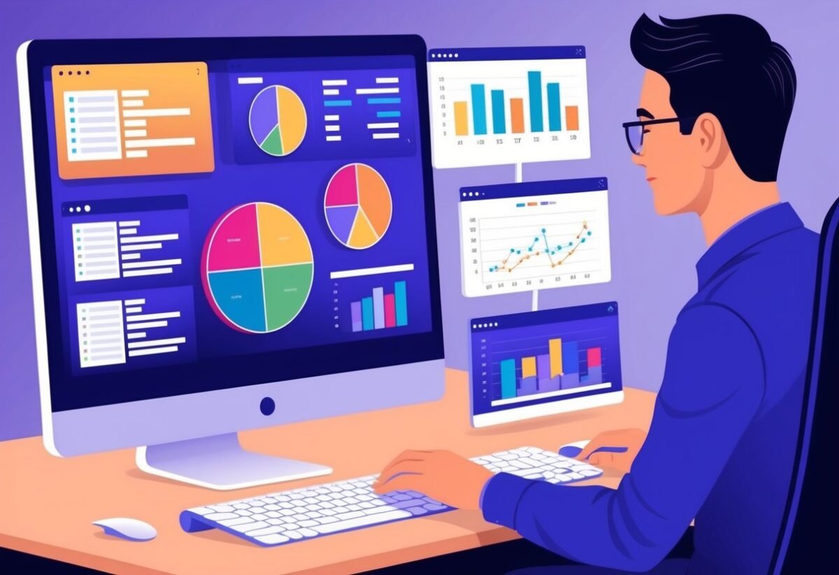 A person using a computer to analyze and visualize data using SQL techniques. Multiple data sets and charts are displayed on the screen