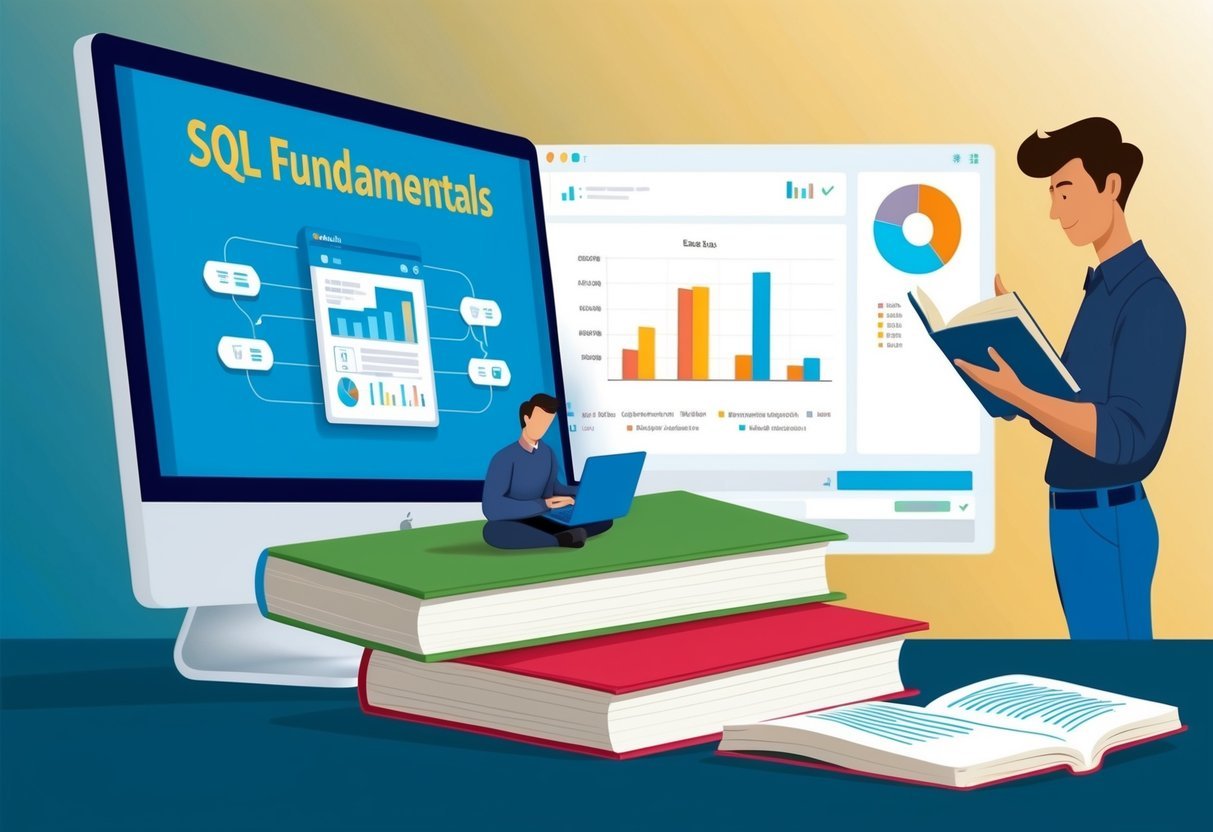 A person studying a book on SQL fundamentals, with a computer screen showing data visualization in the background