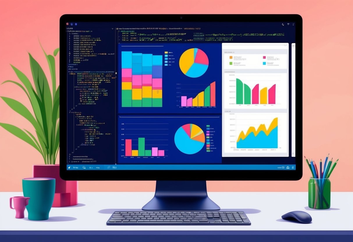 A computer screen with SQL code and colorful charts displayed