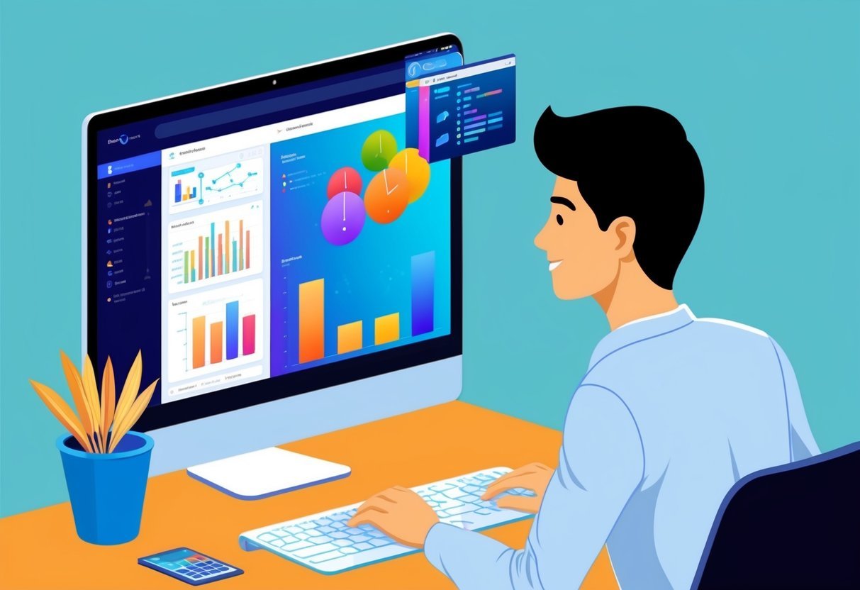 A person using a computer to create interactive visualizations and dashboards while learning data visualization in SQL