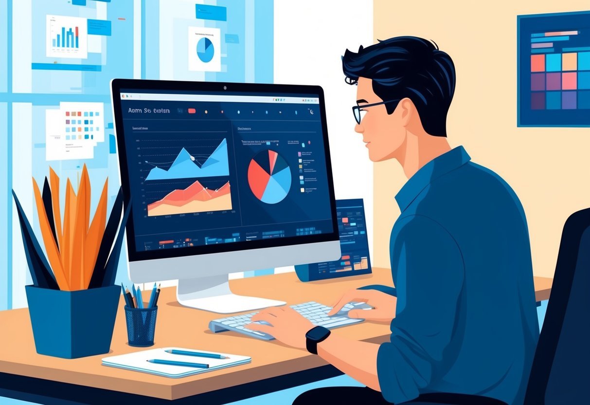 A person working at a computer, analyzing data trends and patterns using SQL data visualization tools