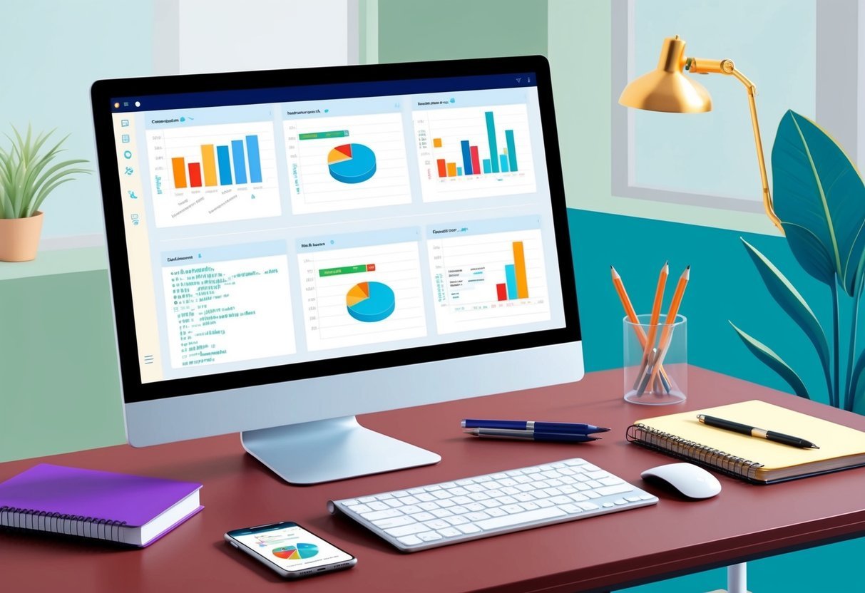 A computer screen displaying various types of datasets with SQL code and visualizations on a desk with a notebook and pen