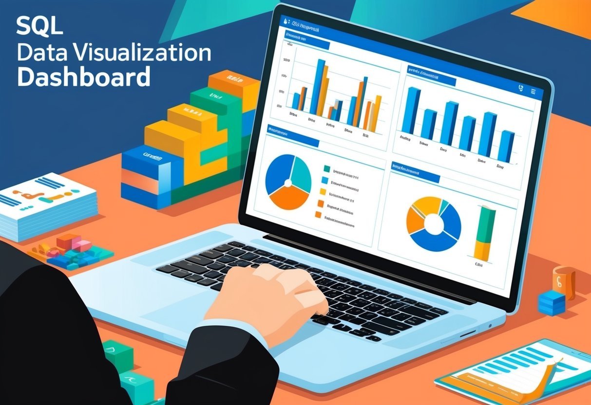 A laptop displaying a SQL data visualization dashboard, with charts and graphs representing business data for decision-making