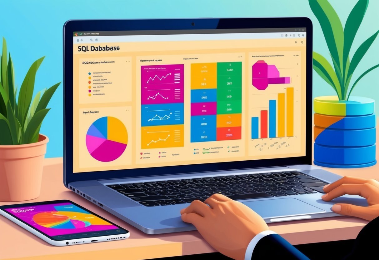 A laptop displaying a SQL database with colorful, interactive charts and graphs