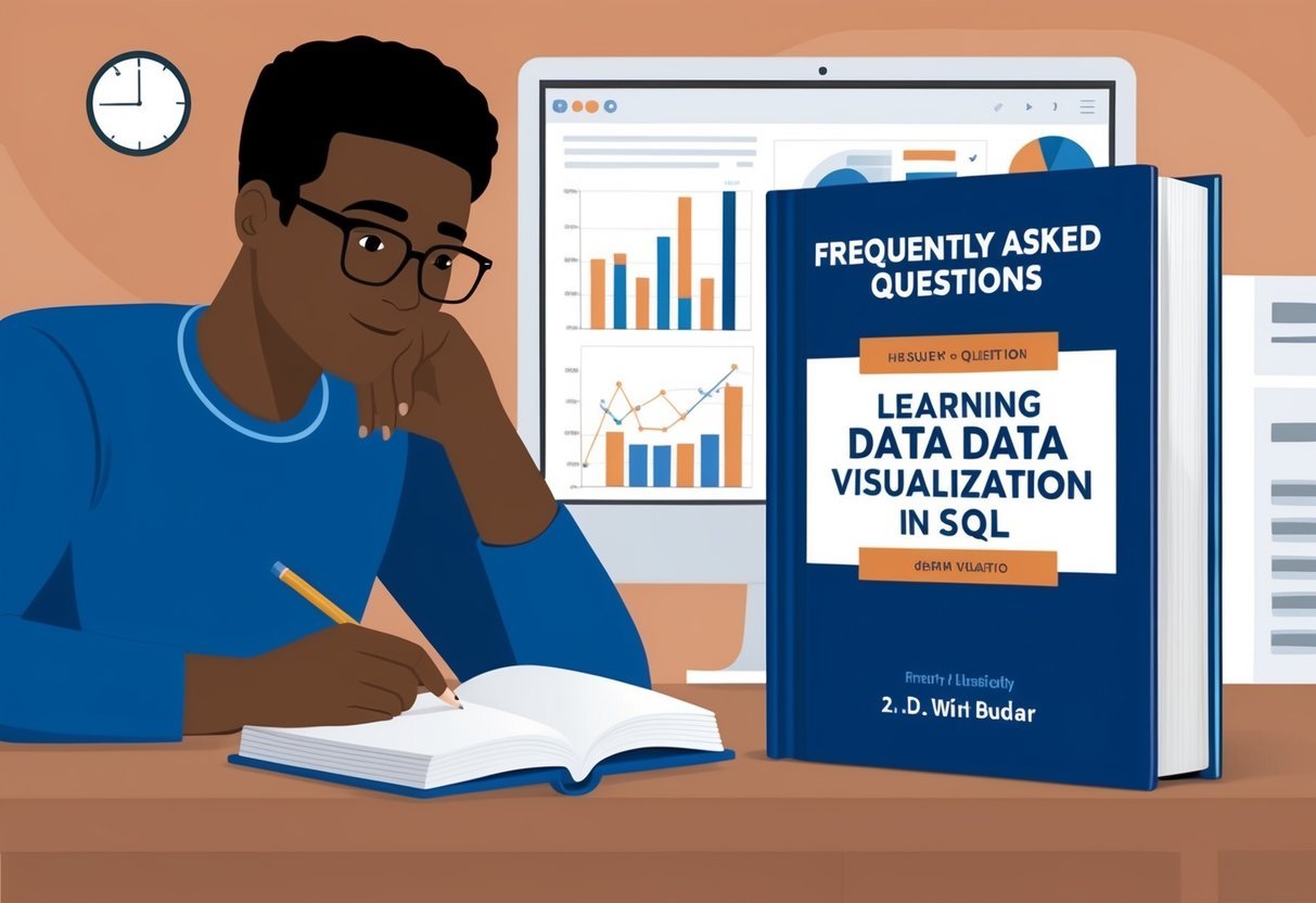 A person studying a book titled "Frequently Asked Questions Learning Data Visualization in SQL" with a computer and charts in the background