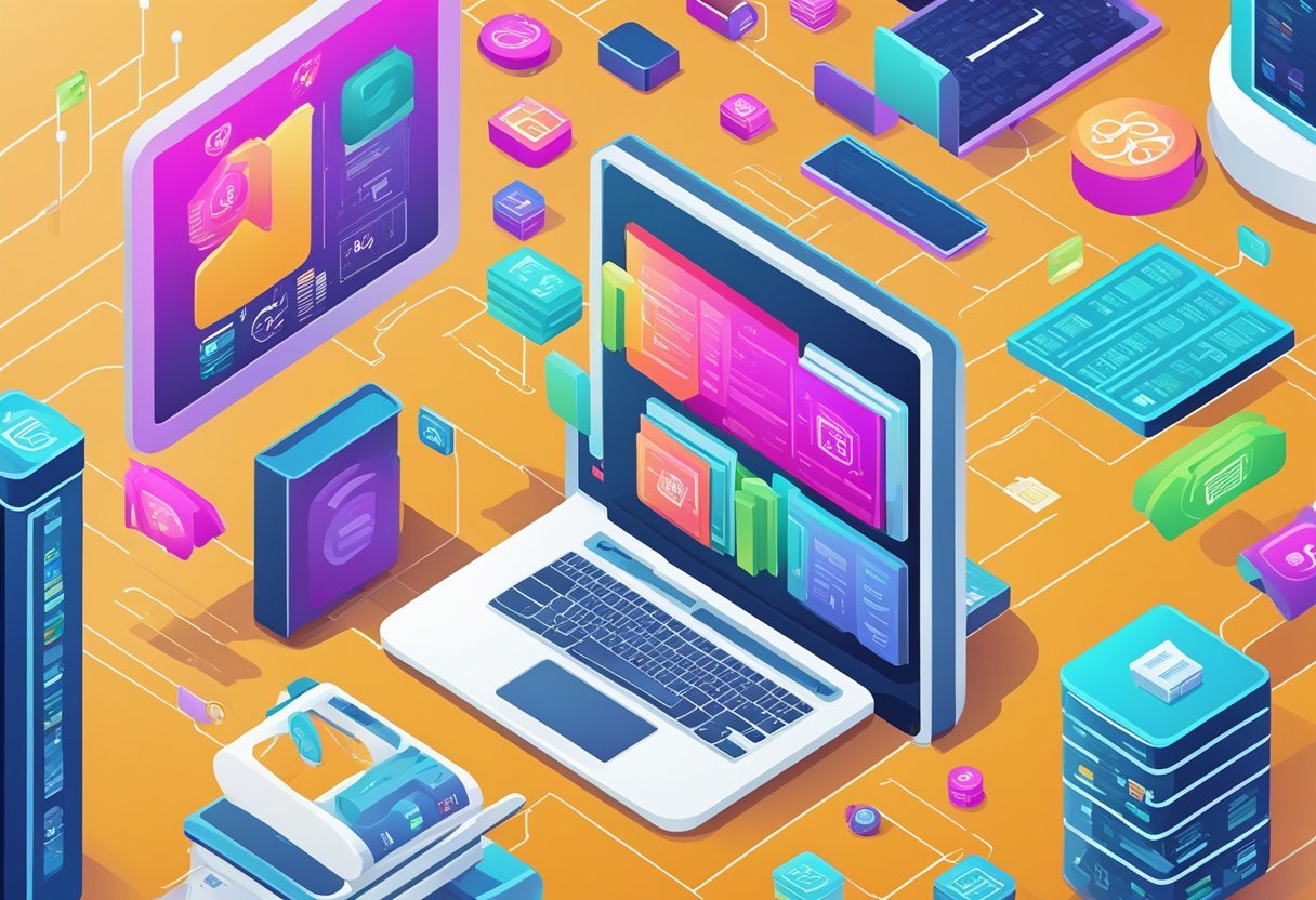 A computer screen displaying SQL code with logical operators, surrounded by business and sales-related objects