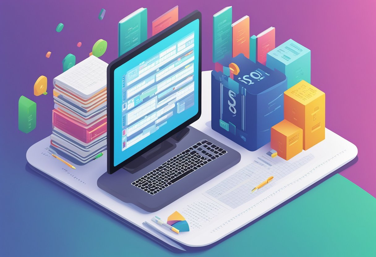 A computer screen displaying SQL code with logical operators integrated, alongside a programming language textbook and notes