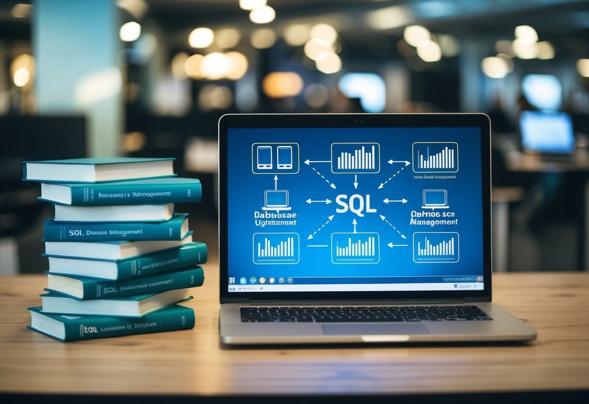 A stack of books on SQL and database management, with an open laptop displaying SQL queries and index optimization techniques
