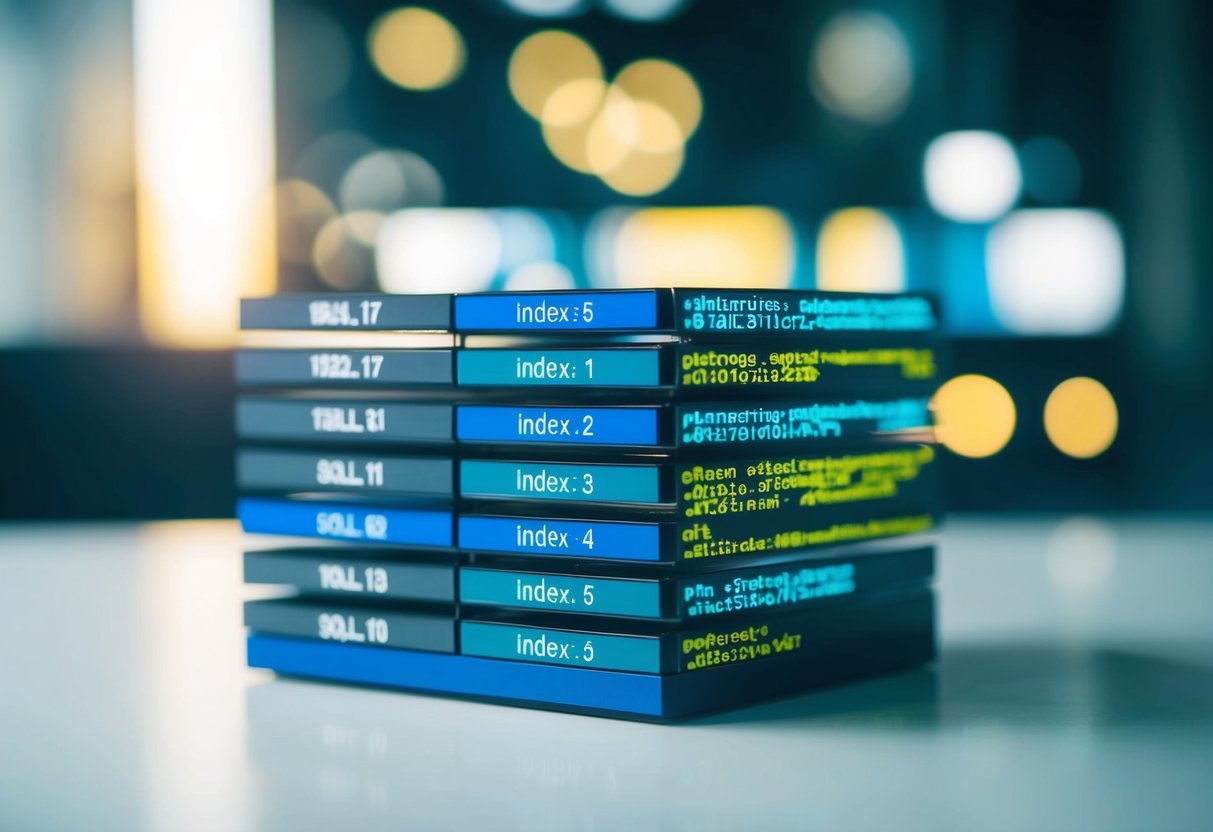 A database schema with tables, rows, and columns, showcasing the concept of SQL indexes and related database administration knowledge