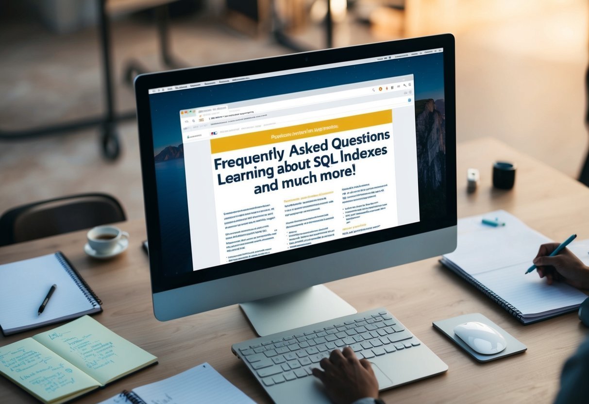 A computer screen displaying a webpage with a title "Frequently Asked Questions Learning about SQL Indexes and much more!" surrounded by open tabs and a notepad with scribbled notes