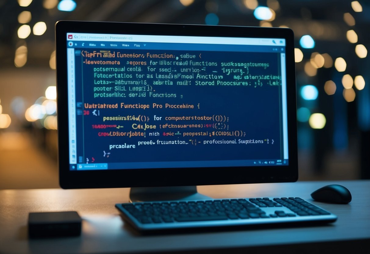 A computer screen displaying SQL code for user defined functions and stored procedures