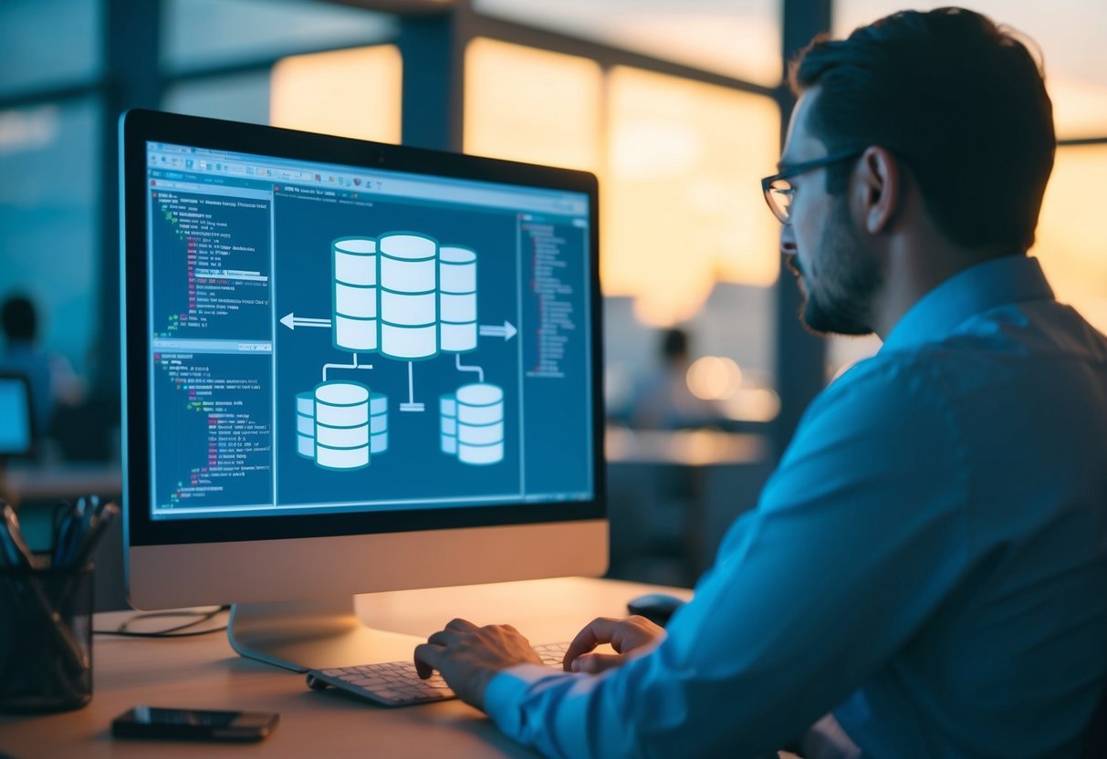 A programmer creating and organizing database objects on a computer screen