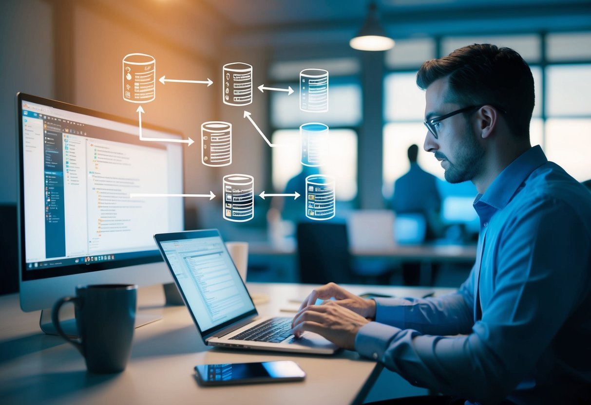 A programmer creating and organizing database objects like functions and procedures in a virtual workspace