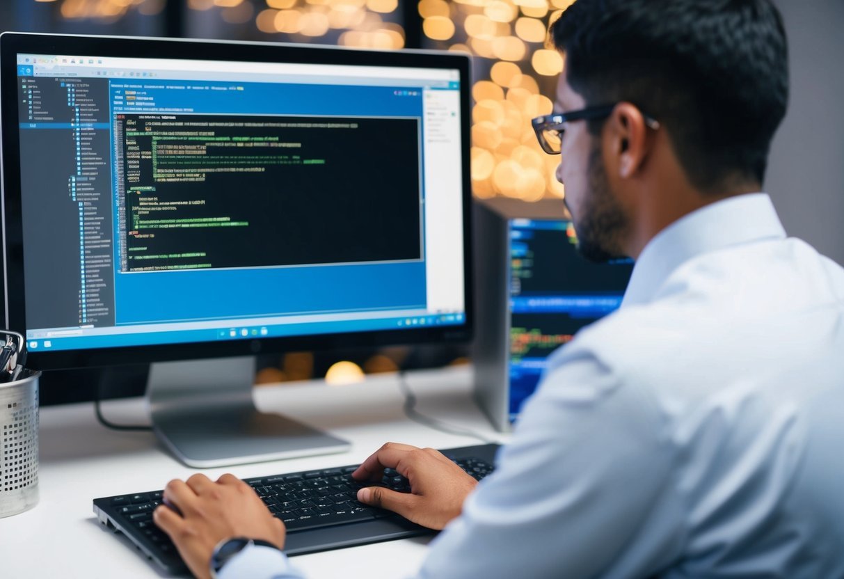 A person working on a computer, using SQL Server Management Studio to create user defined functions and stored procedures