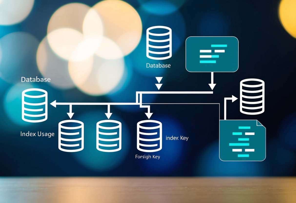 A database diagram with tables connected by foreign keys, with highlighted index usage for faster SQL queries