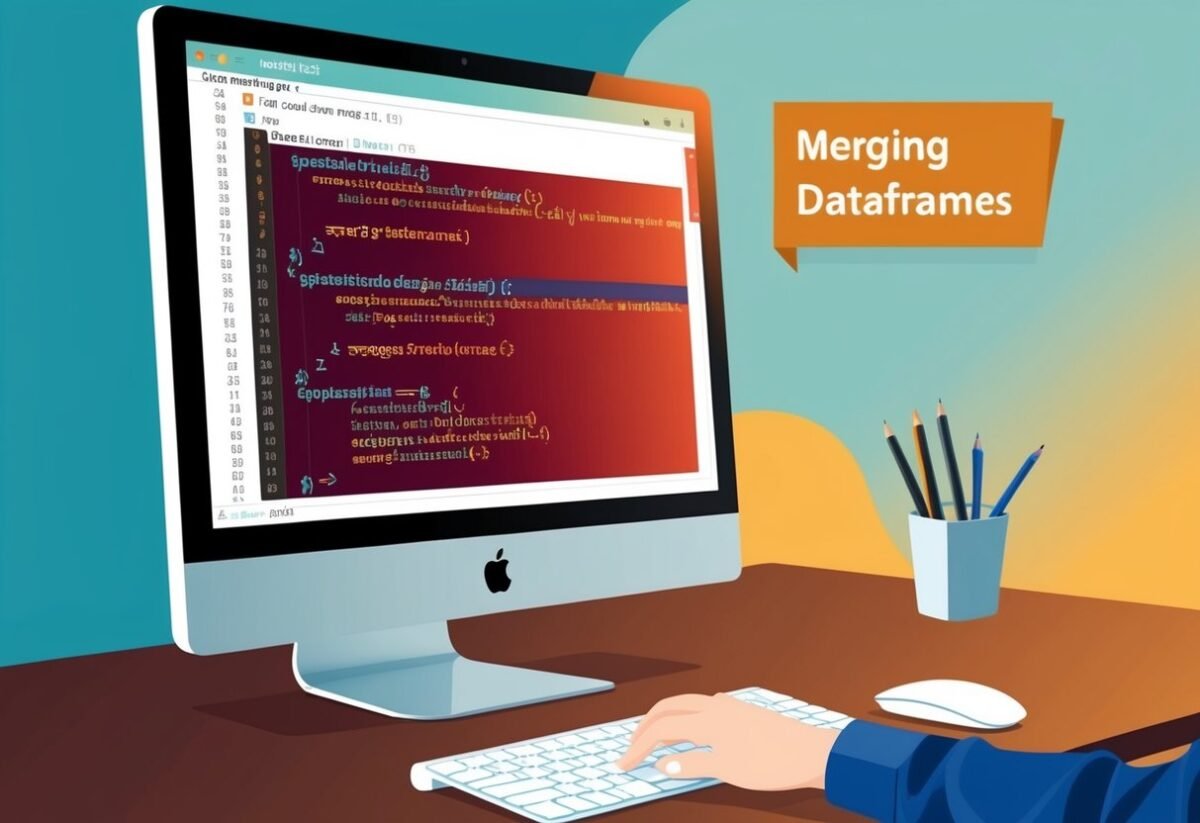 A computer screen displaying code for merging dataframes using Pandas in data science and machine learning