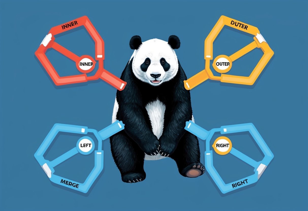 A panda surrounded by four interconnected dataframes, representing inner, outer, left, and right merge options