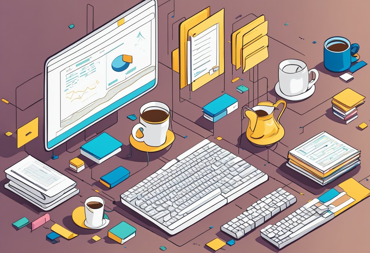 A computer screen displaying a python code editor with scikit-learn documentation open, surrounded by scattered papers and a cup of coffee