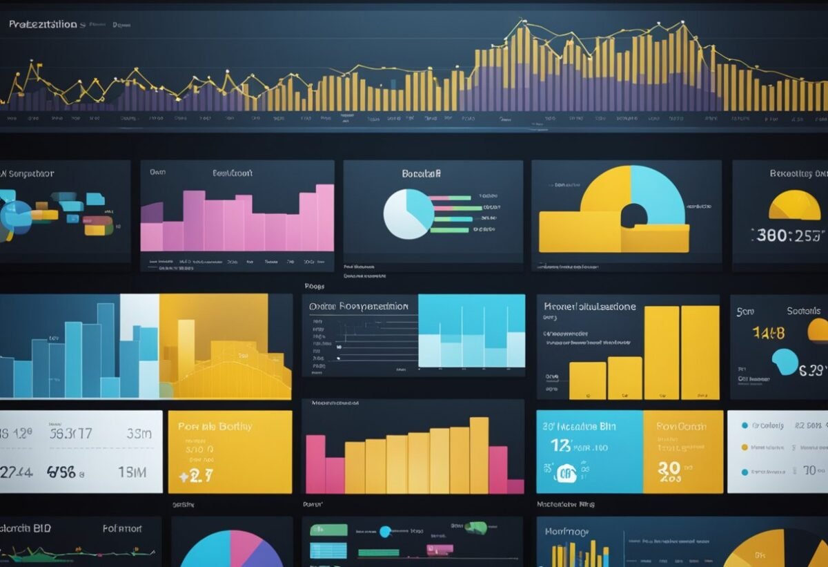 A laptop displaying various Power BI visualizations