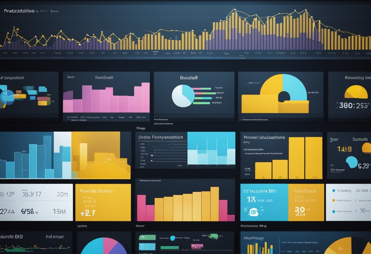 A laptop displaying various Power BI visualizations