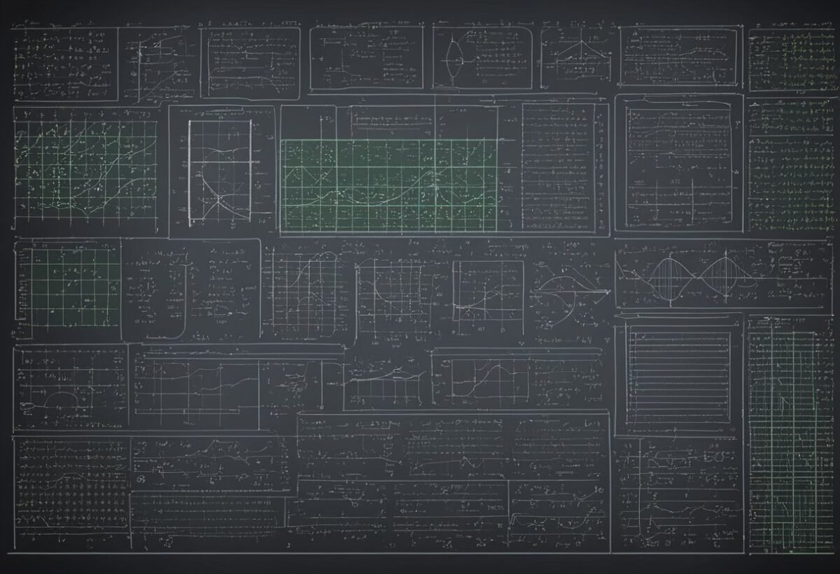 A chalkboard filled with complex matrix equations and diagrams