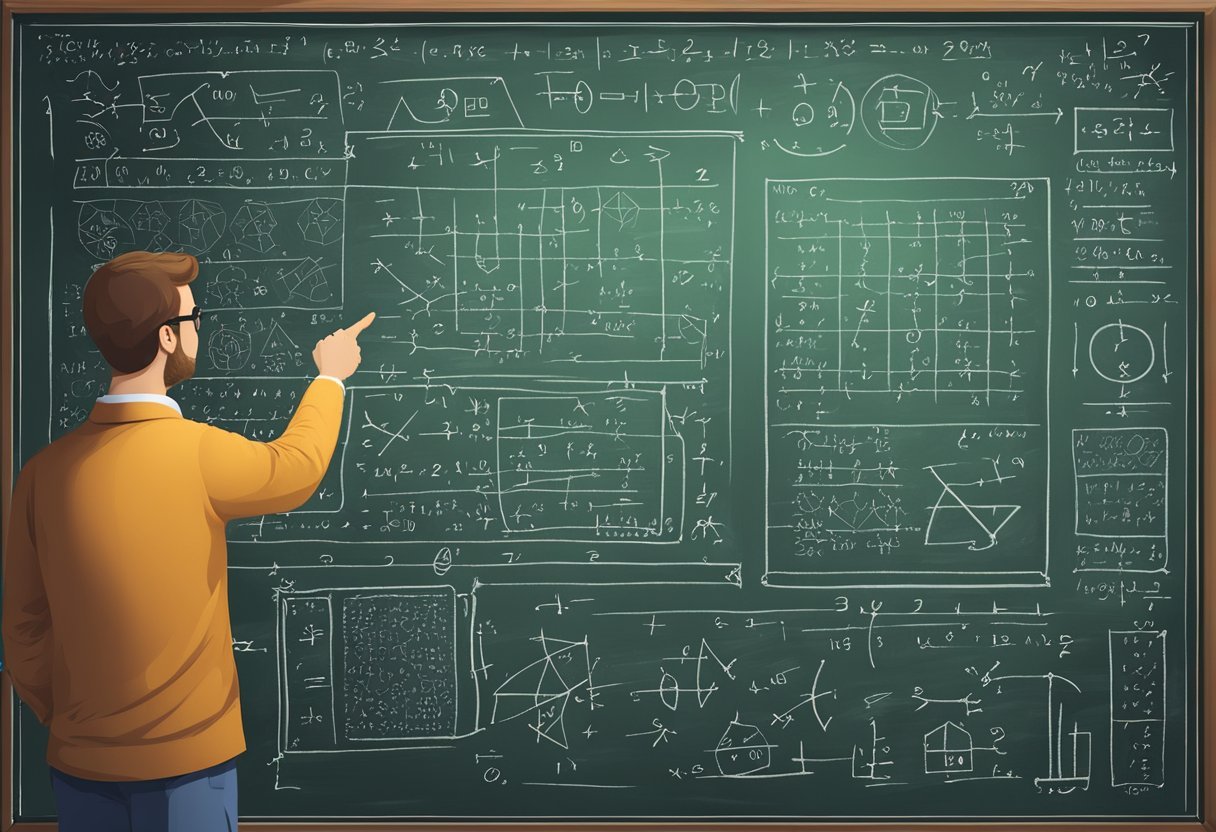 A chalkboard filled with matrices, equations, and geometric shapes. A person pointing at the board, explaining concepts