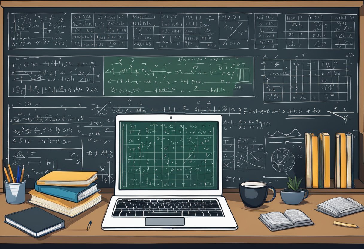 A chalkboard with mathematical equations and matrices, surrounded by books and a laptop, representing the study of linear algebra for data science