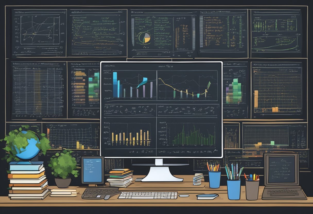 A chalkboard filled with equations and matrices, surrounded by books and computer screens displaying data analysis software