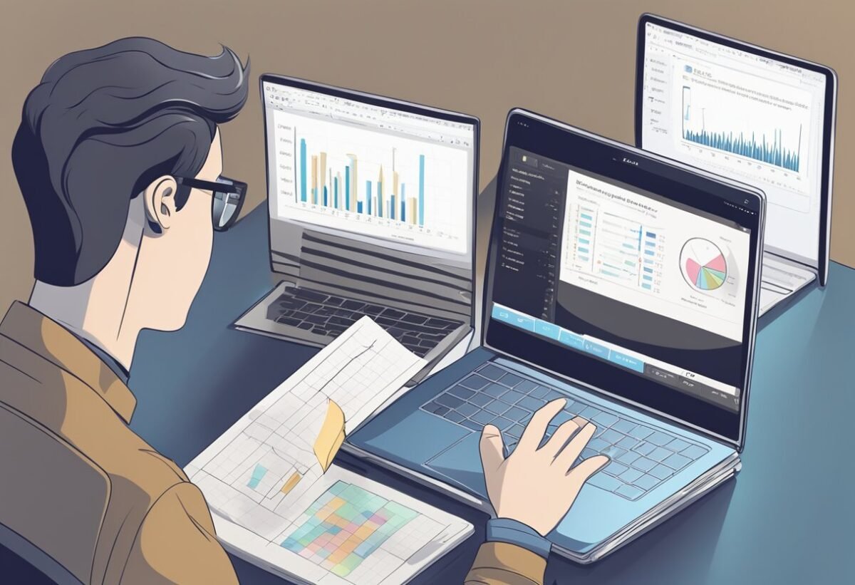 A person studying a calculus textbook with a laptop open to a data science tutorial. Graphs and equations are visible on the laptop screen